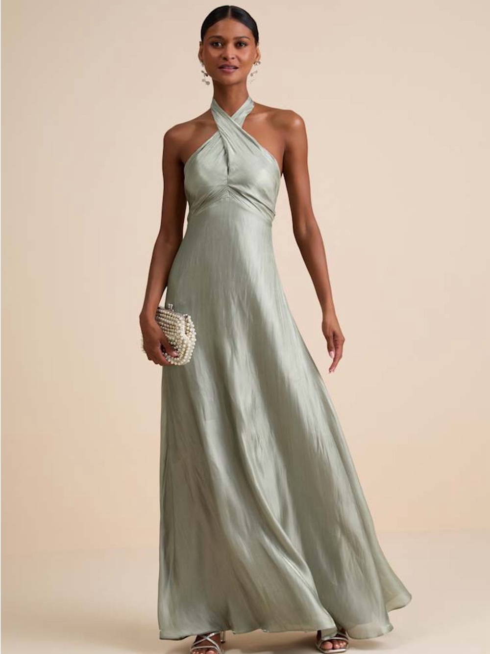 Lulus Canley Sage Satin Cross-Front Halter Maxi Dress Size M NWT